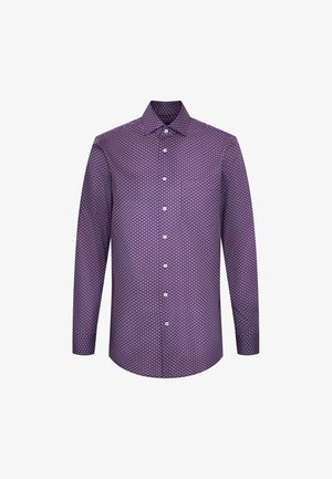 Langärmliges lila Hemd mit Knöpfen, einem kleinen weißen kreisförmigen Muster, spitzen Kragen und weißen Knöpfen an der Vorderseite.