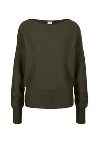 Pull vert foncé avec un motif texturé en gaufrage, encolure bateau large et poignets et ourlet côtelés. Manches longues, coupe décontractée.