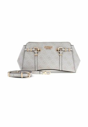 Sac à main Guess gris clair avec bretelles à boucle dorée, motif monogramme subtil et bandoulière amovible assortie.