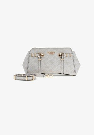 Sac à main Guess gris clair avec bretelles à boucle dorée, motif monogramme subtil et bandoulière amovible assortie.