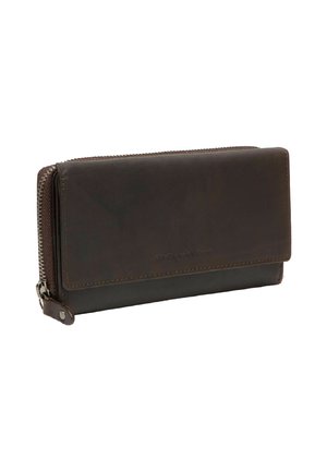 Portafoglio in pelle marrone con chiusura a zip, caratterizzato da una finitura liscia, forma rettangolare e logo goffrato discreto sul davanti.
