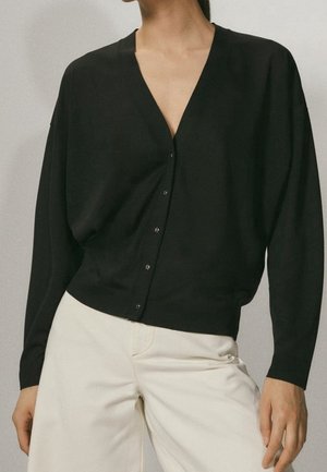 Persoon in een zwarte V-hals cardigan met knopen en lange mouwen, staat tegen een neutrale achtergrond met een hoge taille witte broek.