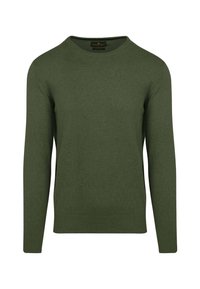 Groene gebreide trui met een ronde halslijn, lange mouwen en een soepele textuur. Heeft geribbelde manchetten en zoom, eenvoudig ontwerp.