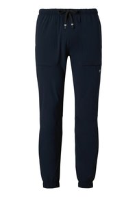 Marineblaue Sporthosen mit einem elastischen Bund und Kordelzug. Zu den Merkmalen gehören zwei seitliche Taschen und schmal zulaufende Bündchen an den Knöcheln.