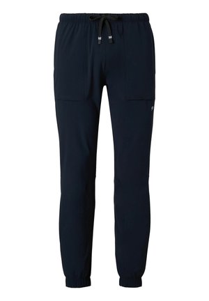 Navy blue athletic pants with an elastic waistband and drawstring. Features include two side pockets and tapered cuffs at the ankles.