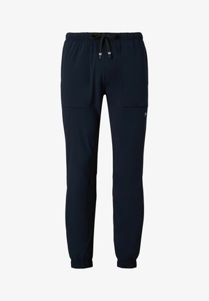 Navy blue athletic pants with an elastic waistband and drawstring. Features include two side pockets and tapered cuffs at the ankles.
