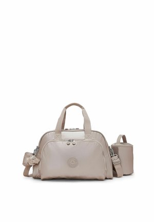 Borsa da viaggio in nylon beige chiaro con doppi manici, tasca frontale con zip, tracolla regolabile e portabottiglie rotondo isolato allegato.
