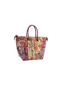 Sac fourre-tout coloré avec un imprimé abstrait chargé en rouge, jaune et bleu. Équipé de poignées en cuir marron et d'une fermeture éclair. Tissu texturé.