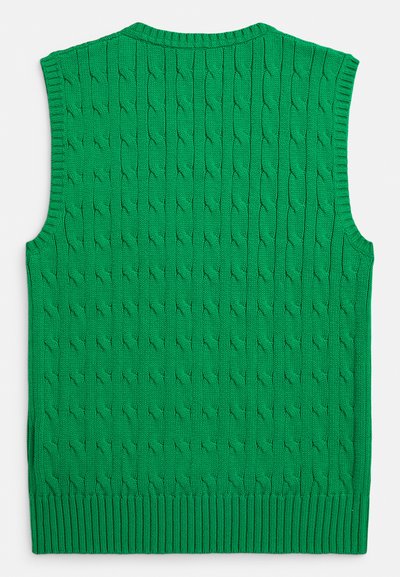Zeleni pamučni prsluk bez rukava s teksturiranim uzorkom pletenog kabla, rebrastim ovratnikom i donjim rubom. Stražnji prikaz pokazuje ujednačenu boju i dizajn.