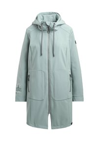 Light green, waterproof parka with a hood, zippered front, two large front pockets, and decorative text on the left sleeve.