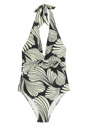 Costum de baie negru cu gât halter, cu modele mari albe abstracte de frunze și detaliu cu nod în față.