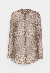 Langærmet, beige skjorte med knapper og leopardmønster i brune og mørkere nuancer. Skjorten har en stående krave og gennemsigtigt stof.