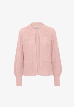 Sārtā rozā adīta jakas ar apaļu kakla izgriezumu, atvērtu fronti, divām priekšējām kabatām un garām piedurknēm ar ribinātām aprocēm. Mīksta tekstūra.