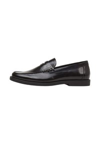 Schwarze Lederloafers mit einem glatten, polierten Finish, gesteppten Details und einer flachen Gummisohle. Klassisches Schlupfdesign.