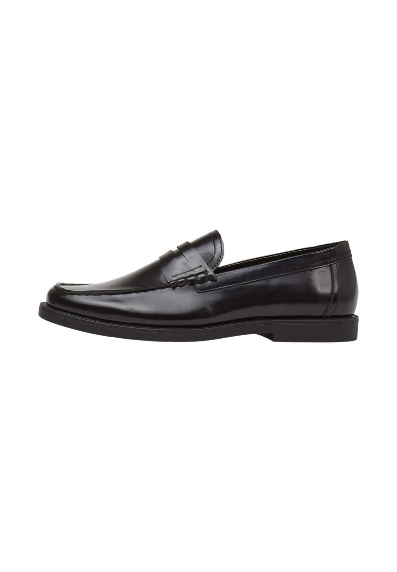 Schwarze Lederloafers mit einem glatten, polierten Finish, gesteppten Details und einer flachen Gummisohle. Klassisches Schlupfdesign.