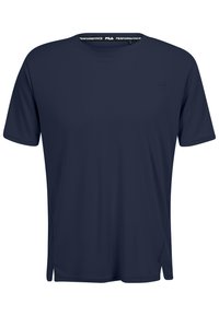 Marinen blå sports T-shirt med korte ærmer, rund hals og Fila-logo på brystet. Blødt stof med fugttransporterende egenskaber.