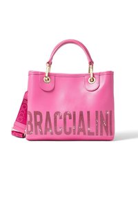 Borsa in pelle rosa con hardware dorato, caratterizzata dalla parola "BRACCIALINI" in borchie argentate. Include una tracolla removibile per maggiore versatilità.
