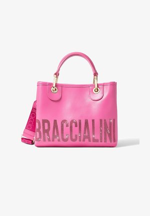 Roze leren handtas met gouden hardwaren, voorzien van het woord "BRACCIALINI" in zilveren studs. Inclusief een afneembare strap voor veelzijdigheid.