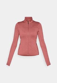 Langermet, zip-up jakke i rosarosa med teksturert stoff, med to sidelommer og høy krage.