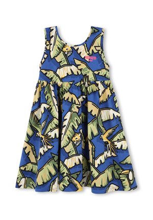Robe sans manches au design évasé, avec un fond bleu, des feuilles de palmier vertes et des imprimés animaliers. Logo de la marque sur la poitrine.