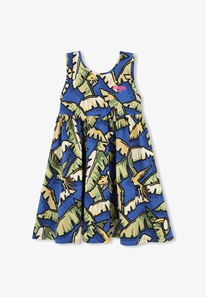Robe sans manches au design évasé, avec un fond bleu, des feuilles de palmier vertes et des imprimés animaliers. Logo de la marque sur la poitrine.