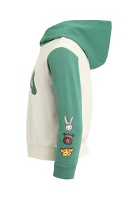 Sudadera con capucha en color crema y verde. Las mangas verdes presentan tres ilustraciones de animales: un conejo, un oso y un leopardo. Tela suave, corte regular.