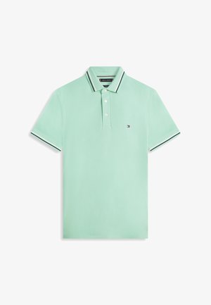 Mentaszínű galléros póló három gombbal, csíkos díszítéssel az ujjakon. Kis logó található a mellrészen.