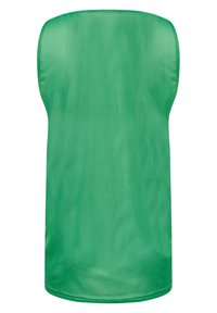 Canottiera verde in rete, dal design senza maniche, con scollatura rotonda e una texture traspirante, caratterizzata da una finitura liscia e senza motivi visibili.