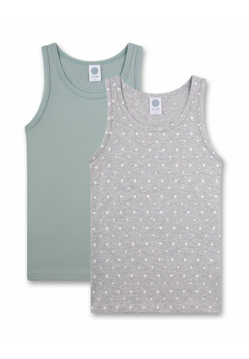 Due canotte: una verde chiaro uniforme e una grigia con pois bianchi. Entrambe hanno scolli rotondi e spalline larghe.