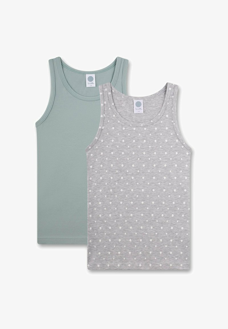 Two tank tops: one solid light green and one gray with white polka dots. Both have round necklines and thick shoulder straps.
