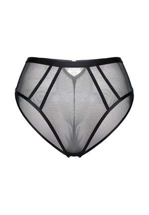 Czarne wysokie majtki z siateczki z geometrycznymi wycięciami i kontrastowymi elastycznymi paskami wzdłuż talii i wykończeń nogawek.