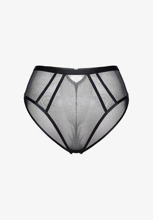 Schwarze, hoch taillierte Unterwäsche aus Mesh mit geometrischen Ausschnitten und kontrastierenden elastischen Bändern an Bund und Beinöffnungen.