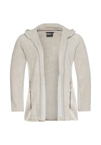 Giacca in pile di un beige chiaro, con zip frontale a tutta lunghezza, due tasche laterali con cerniera e cappuccio. Texture morbida, tessuto liscio.