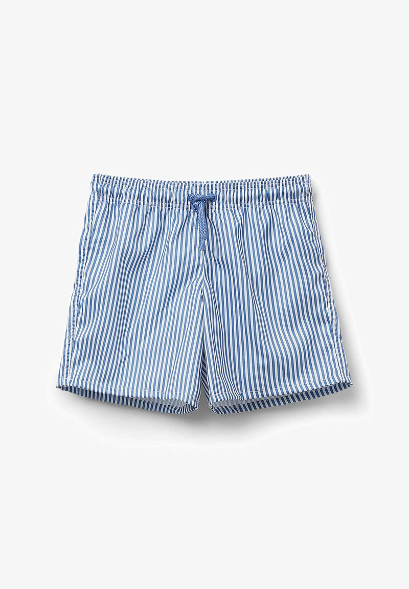 Blue and white striped swim shorts with an elastic waistband and adjustable drawstring. Lightweight fabric with flat-stitched seams.