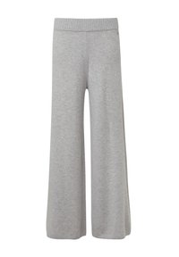 Pantalons en tricot larges gris clair avec une taille élastique côtelée, présentés sur un fond blanc.