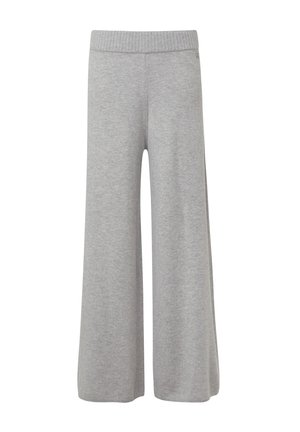 Pantalons en tricot larges gris clair avec une taille élastique côtelée, présentés sur un fond blanc.
