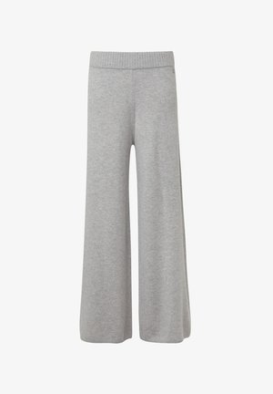 Pantalons en tricot larges gris clair avec une taille élastique côtelée, présentés sur un fond blanc.