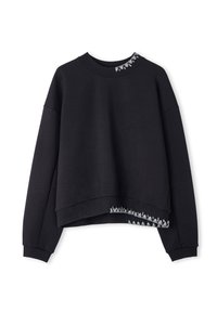 Czarna bluza z efektem cropped, okrągłym dekoltem i teksturowanym akcentem z kontrastowymi trójkątnymi wzorami na dole.