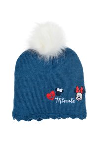 Blue knit beanie with a white fur pom-pom, featuring embroidered designs in red, black, and white, including hearts and a character illustration.