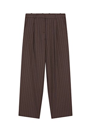 Braune Nadelstreifen-Hose mit weitem Bein, Falten und glattem Material. Zu den Merkmalen gehören ein Taillenbund und dezente Nähdetails.
