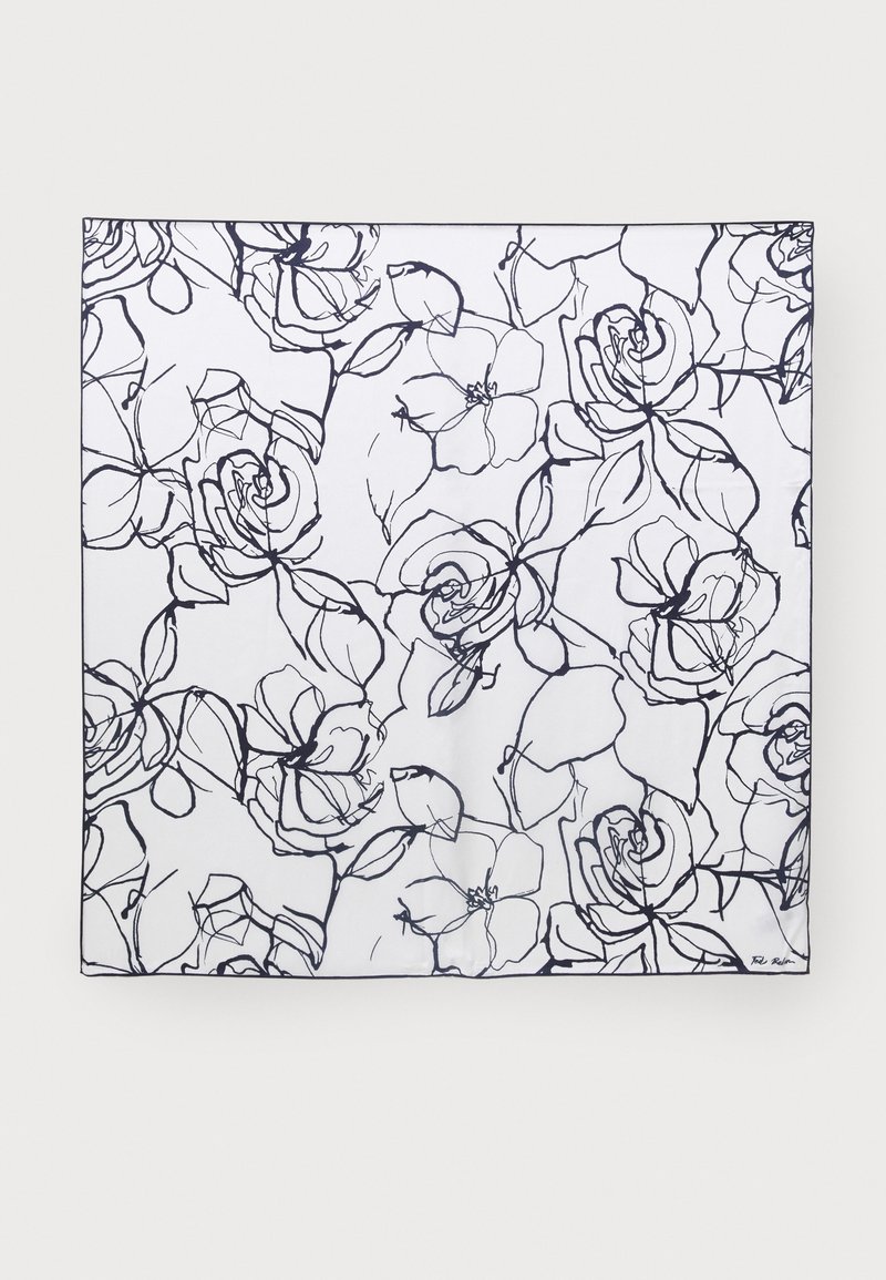 Blomstermønstret tørklæde med en hvid baggrund og detaljerede sorte stregtegninger af roser og blade, afsluttet med en solid sort kant.
