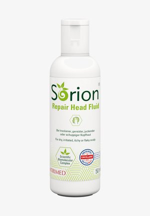Weiße Kunststoffflasche mit Pumpenkopf. Das Etikett zeigt grünen Text und Icons und hebt "Repair Head Fluid" sowie "Scientific Biomolecular Complex" hervor.