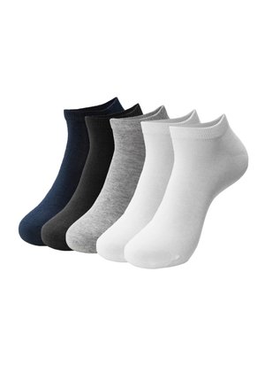 Fünf Paar Knöchelsocken in Marineblau, Schwarz, Grau und Weiß. Hergestellt aus einem glatten, dehnbaren Stoff mit gerippten Bündchen und nahtlosen Zehen.