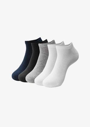 Fem par ankelsokker i marineblå, sort, grå og hvid. Lavet af et glat, strækbart stof med ribbede manchetter og sømløse tæer.