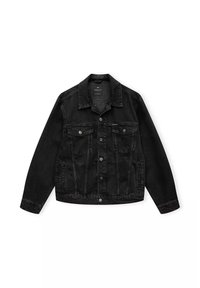 Czarna kurtka dżinsowa z zapięciem na guziki, spiczastym kołnierzem, dwiema kieszeniami na piersi oraz kieszeniami po bokach. Oferuje teksturowany materiał.