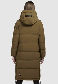 Olive green puffer coat with a hood, featuring horizontal quilted sections, a logo accent on the back, and adjustable side zippers.