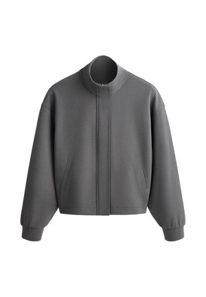 Veste zippée gris foncé avec col montant, manches longues, poignets côtelés et deux poches latérales verticales.