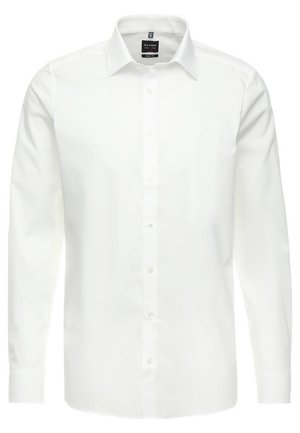 Weißes Langarmhemd, knöpfbarer Ausschnitt, klassischer Kragen, glattes Baumwollgewebe, leicht, mit dezenten Nähten und ohne Muster.