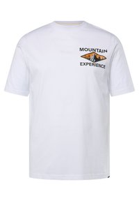 Hvid T-shirt med korte ærmer lavet af bomuld, med et trykt bjerg og teksten "MOUNTAIN EXPERIENCE" i sort og orange på brystet.