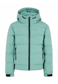 Helle türkisfarbene Steppjacke mit Kapuze, ausgestattet mit einem Frontreißverschluss, zwei Seitentaschen und schwarzen Akzenten am Reißverschluss und den Bündchen.